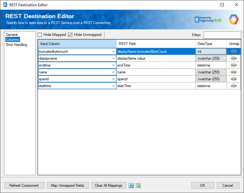 SSIS Google Cloud Trace Destination Component - Columns